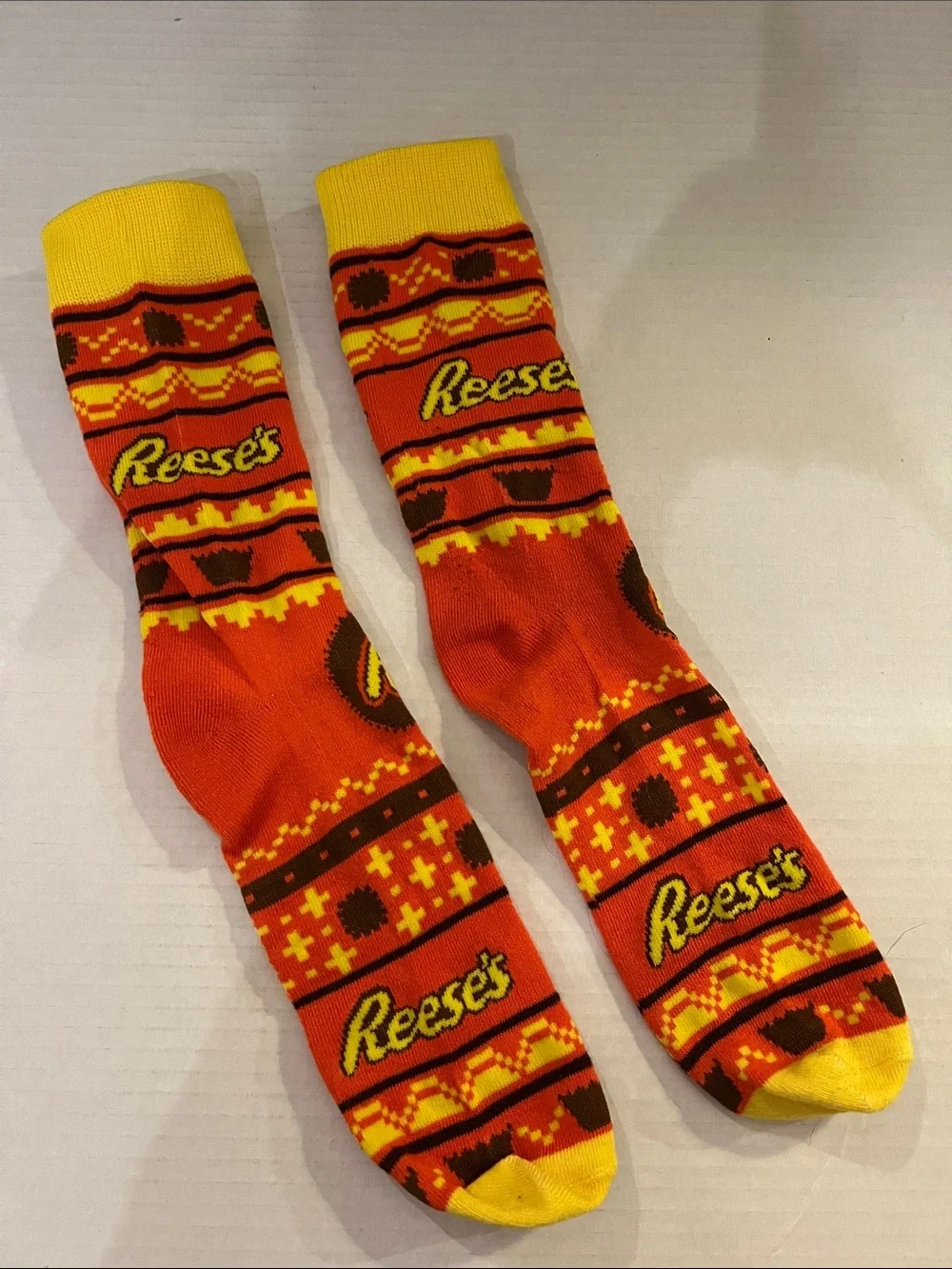 Reese's Orange & Yellow Novelty Crew Socks - Branded Candy Design - Unisex Sz Sm